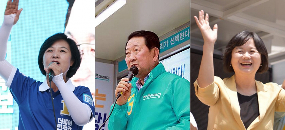 왼쪽부터 추미애 더불어민주당 대표, 박주선 바른미래당 공동대표, 이정미 정의당 대표.